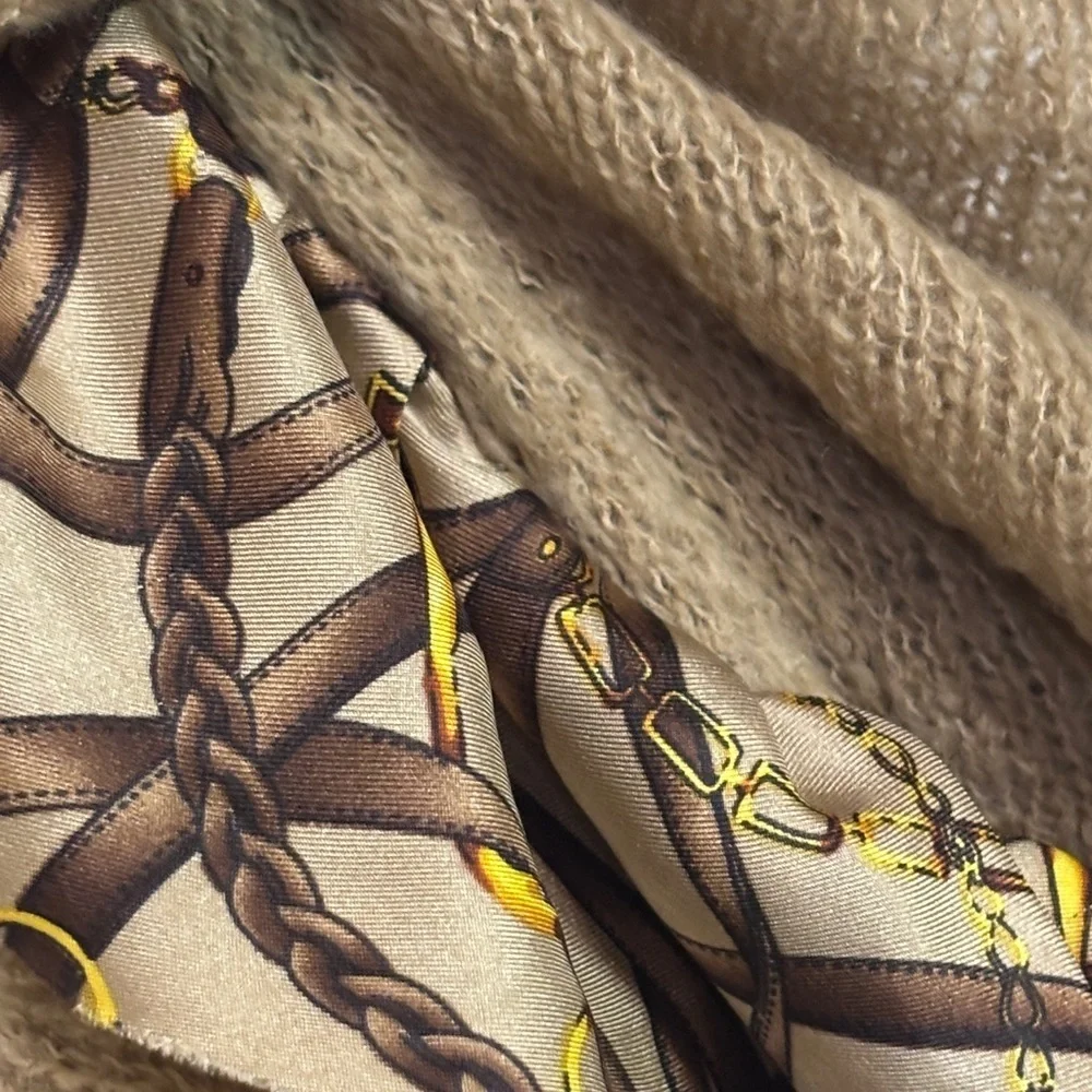 Lauren Ralph Lauren Ruffle Knit Scarf Silk Chain Print Neutral Luxe